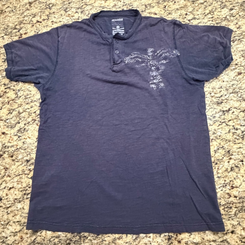 Mens Blue Cotton Henley Shirt Short Sleeve Eagle Graphic Size Large